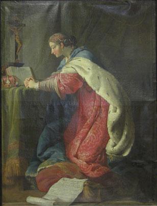 Clmentine Sobieska par Pierre Charles de Trmolires (1703-1739) huile sur toile 194x147. Face  un brviaire ouvert, la princesse prie ardemment, les mains poses sur une table o trne la couronne dAngleterre orne de quatre croix pattes.