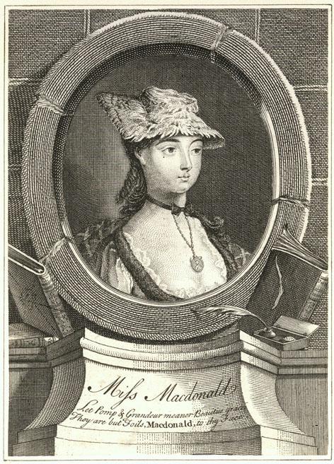 Flora McDonald. An anonymous engraving 1747, a fancy portrait. So is Flora's portrait in the background picture, 'Charles bids farewell to Flora', by George William Joy (1844-1925)