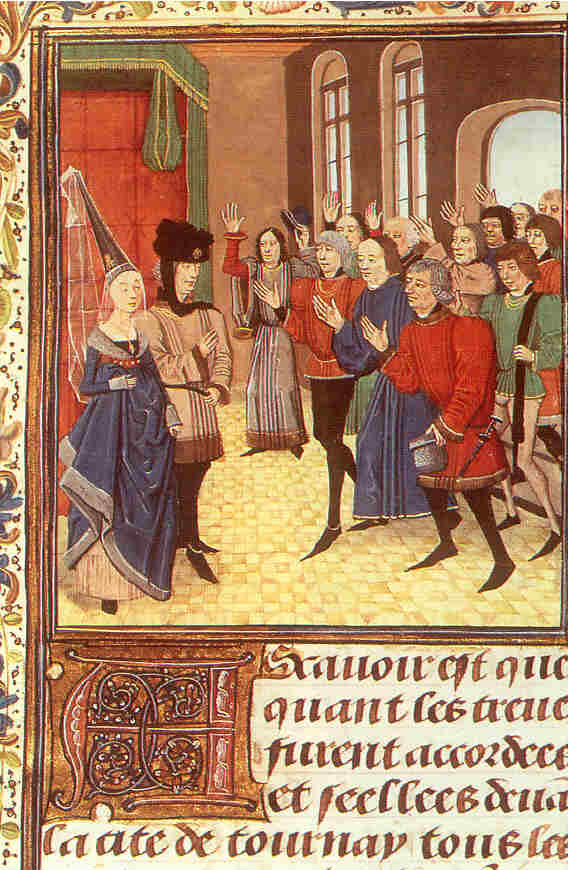 Janedig hag he pried degemeret evel Duk gand an Stado Breizh en Naoned d'an diwezh a viz Mae 1341 ('Kroniko' Froissart  - BN Pariz MS Fr 2643 fol 87)