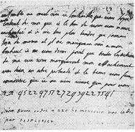 lettre de Sophie, en partie chiffre, avec une note de la main de Melle  Knesebeck. Texte: 'ensemble ne m'est rien. Je souhaite que vous soyez aussi content de moi que je le suis de vous. Vous m'avez enchante et je me sens plus tendre que jamais. Soyez de mme et il ne manquera rien  mon bonheur...'